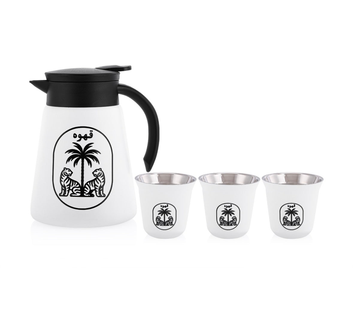 طقم حافظة قهوه مع اكواب لون ابيض بنقشة لون أسود