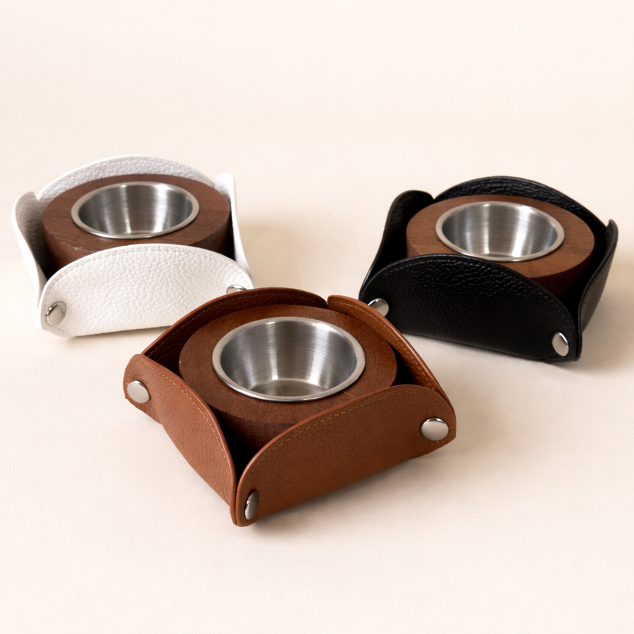 مبخر دائري خشبي مع جلد ( أبيض / أسود / بني )