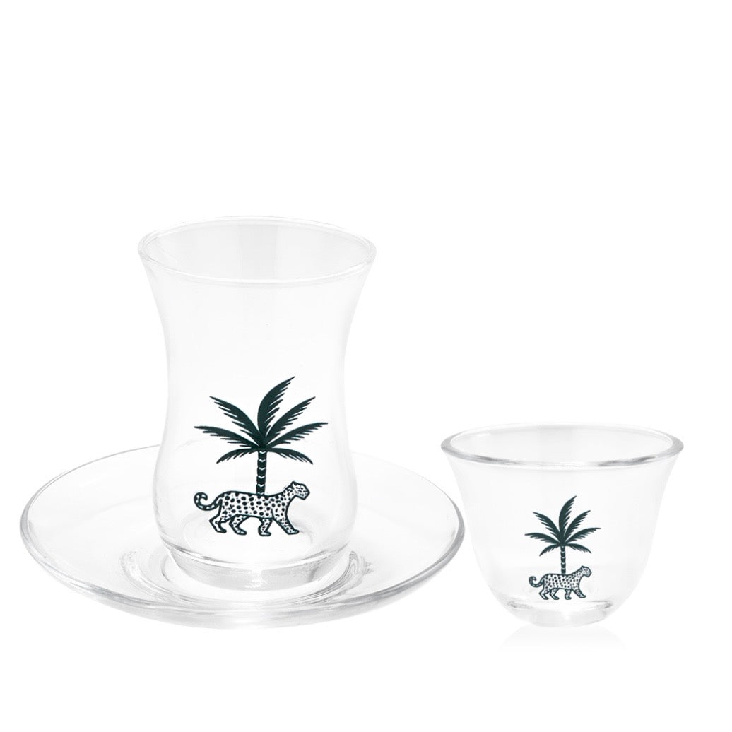 طقم الضيافة بنقشة النخلة والنمر green pattern(٦+٦)